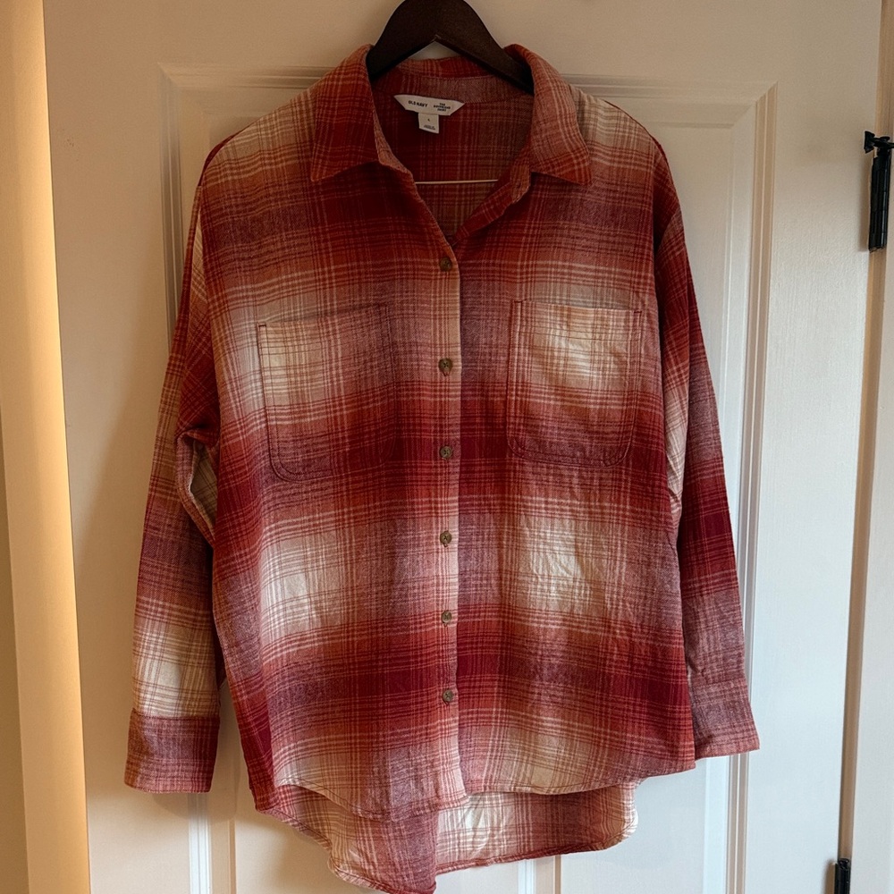Old Navy Women’s Orange & Pink Plaid Flannel Boyfriend Button-Up Shirt Sz L EUC
